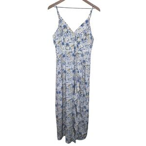 En Saison Dress Womens Medium Blue Floral Maxi Spaghetti Strap Ruffle Faux‎ Wrap